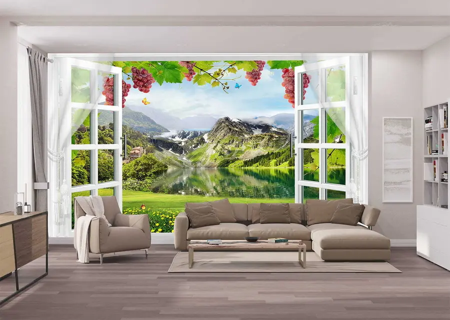 zidne murale Pogled s prozora na planinsko jezero u59842