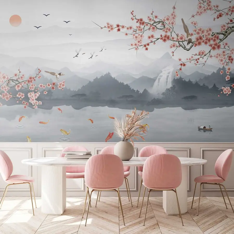 zidne murale Sakura na pozadini jezera i planina u28840