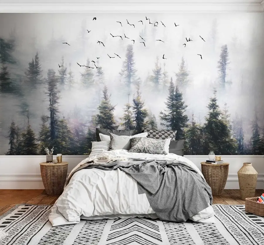 zidne murale Magla šuma i ptice u32237
