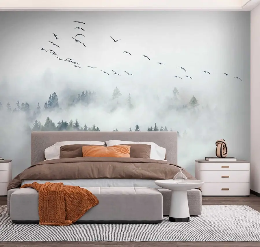 zidne murale Magla šuma i ptice u32480