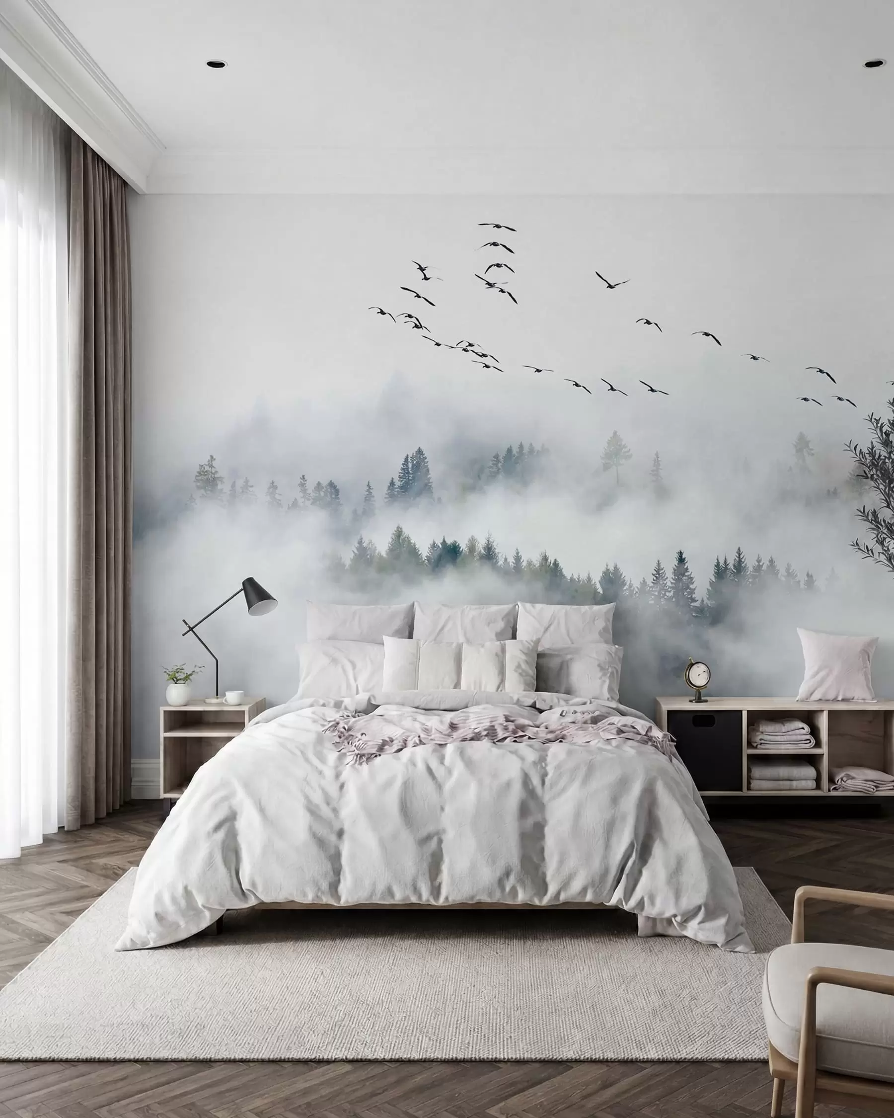 zidne murale Magla šuma i ptice u32480