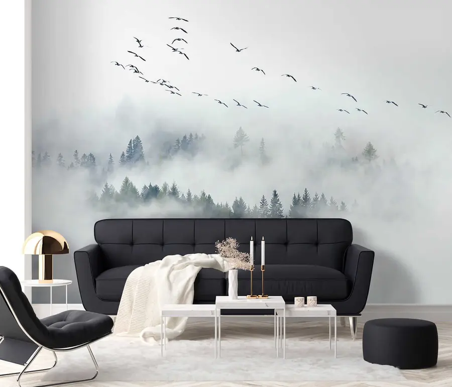 zidne murale Magla šuma i ptice u32480