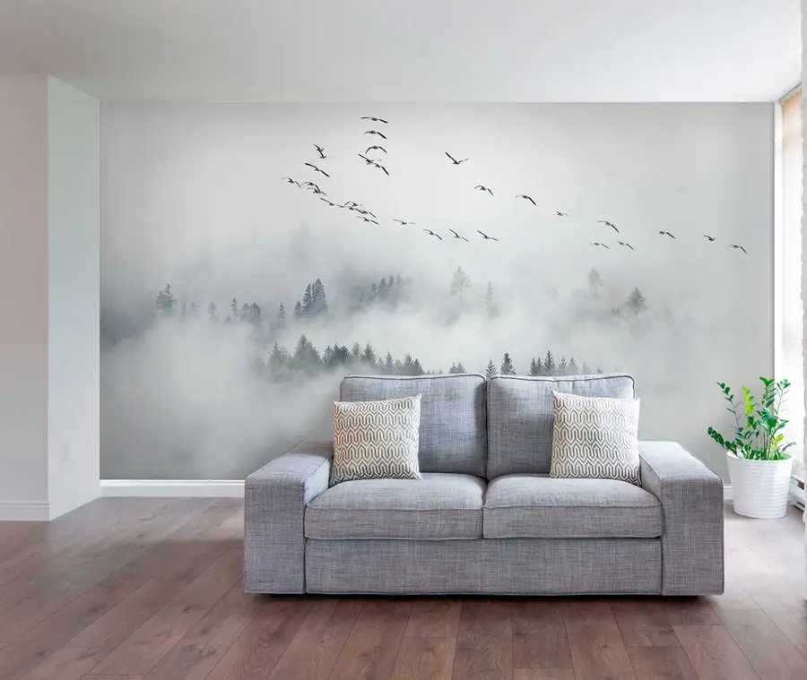 zidne murale Magla šuma i ptice u32480