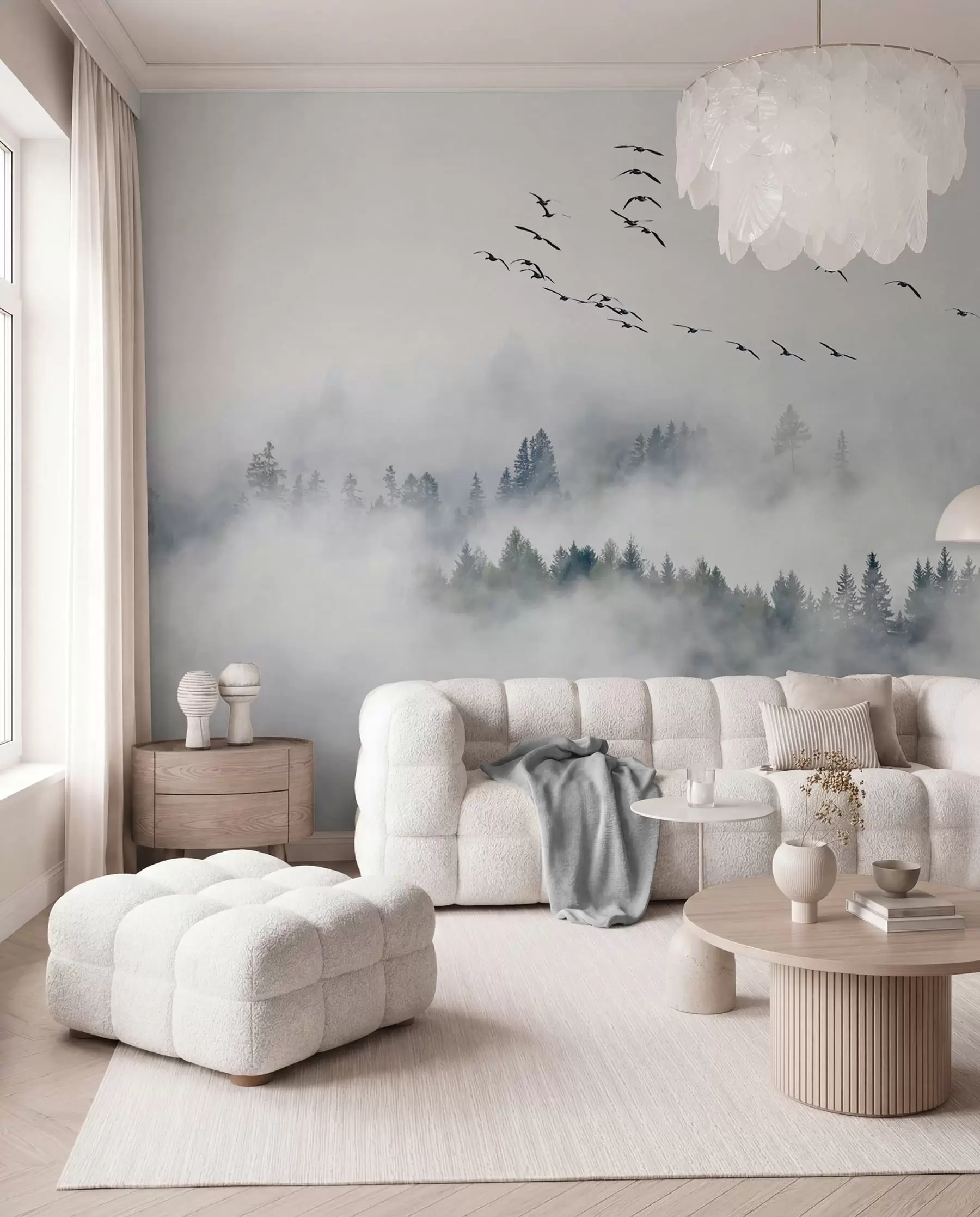 zidne murale Magla šuma i ptice u32480
