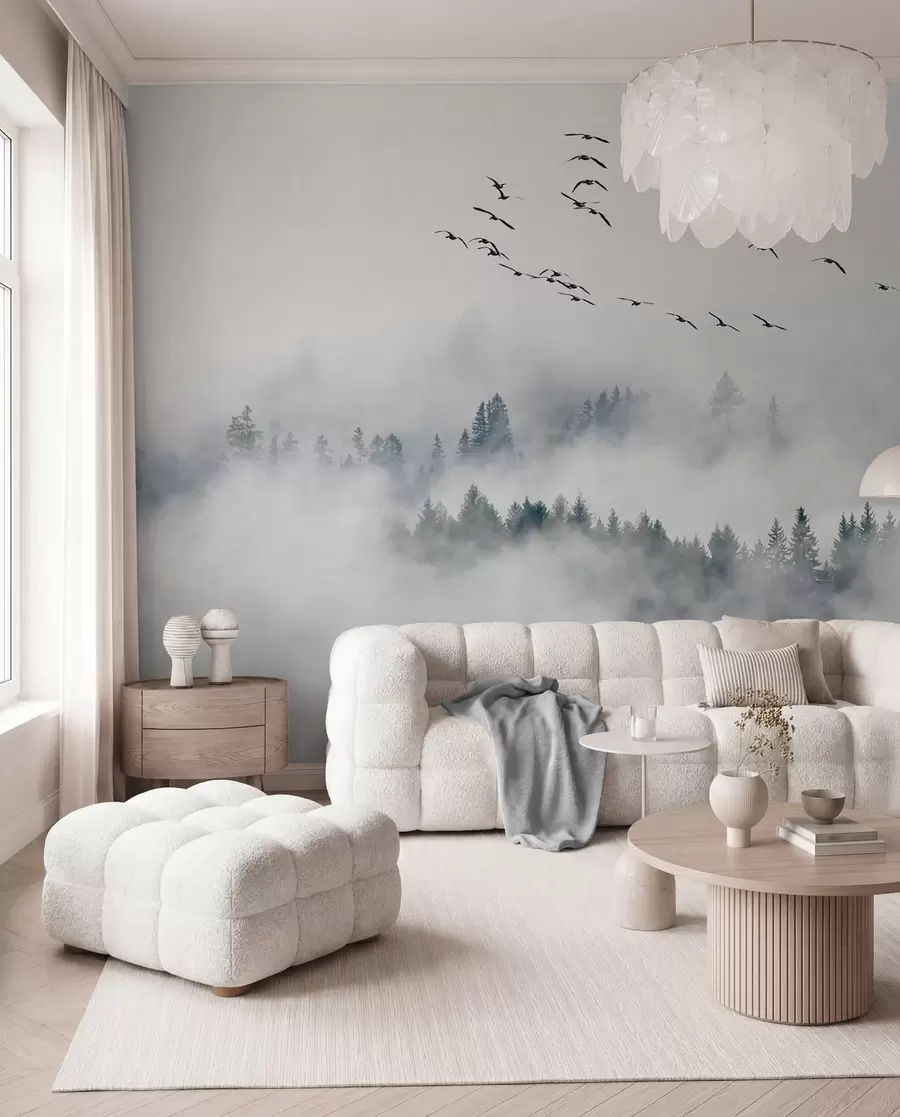zidne murale Magla šuma i ptice u32480