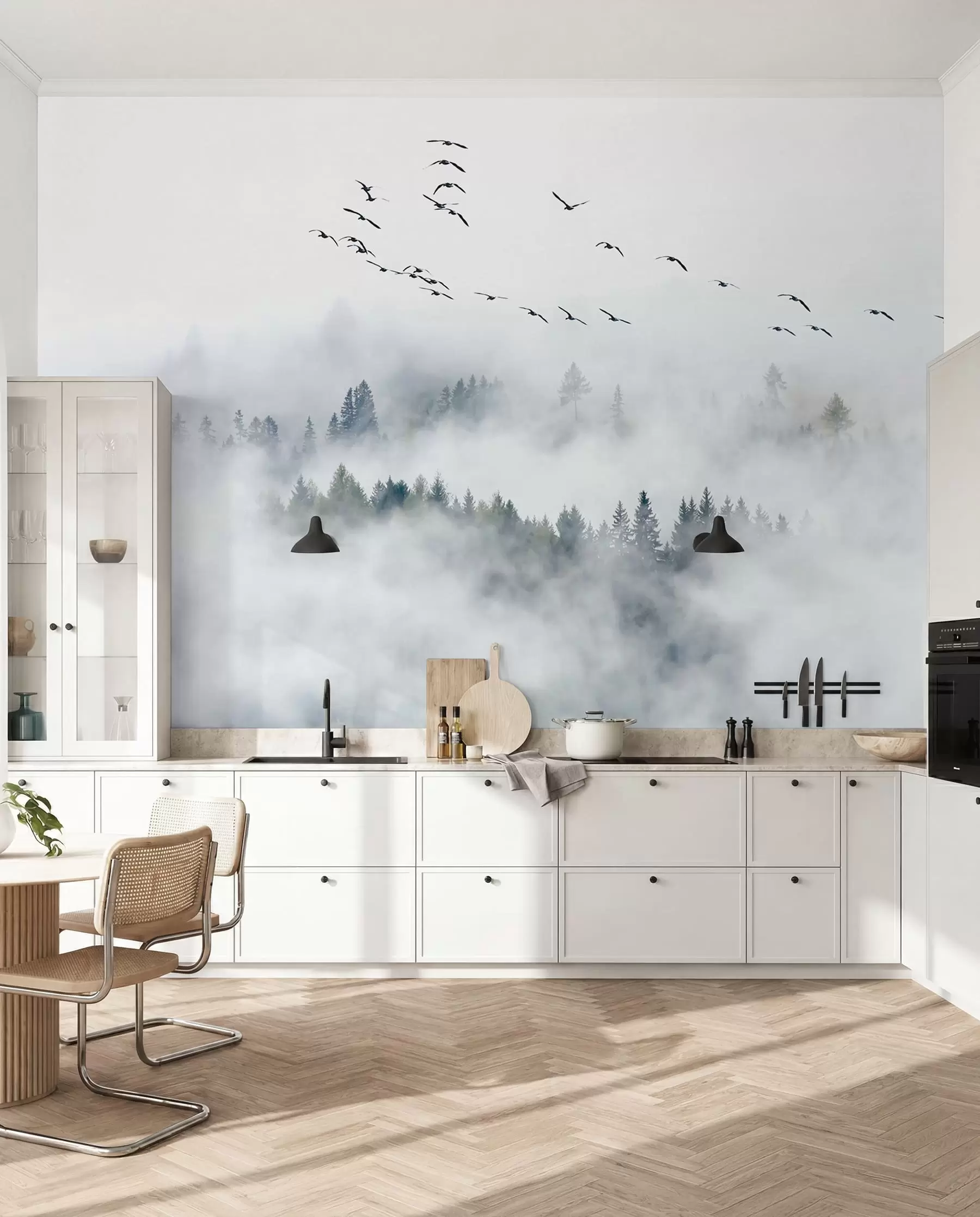zidne murale Magla šuma i ptice u32480