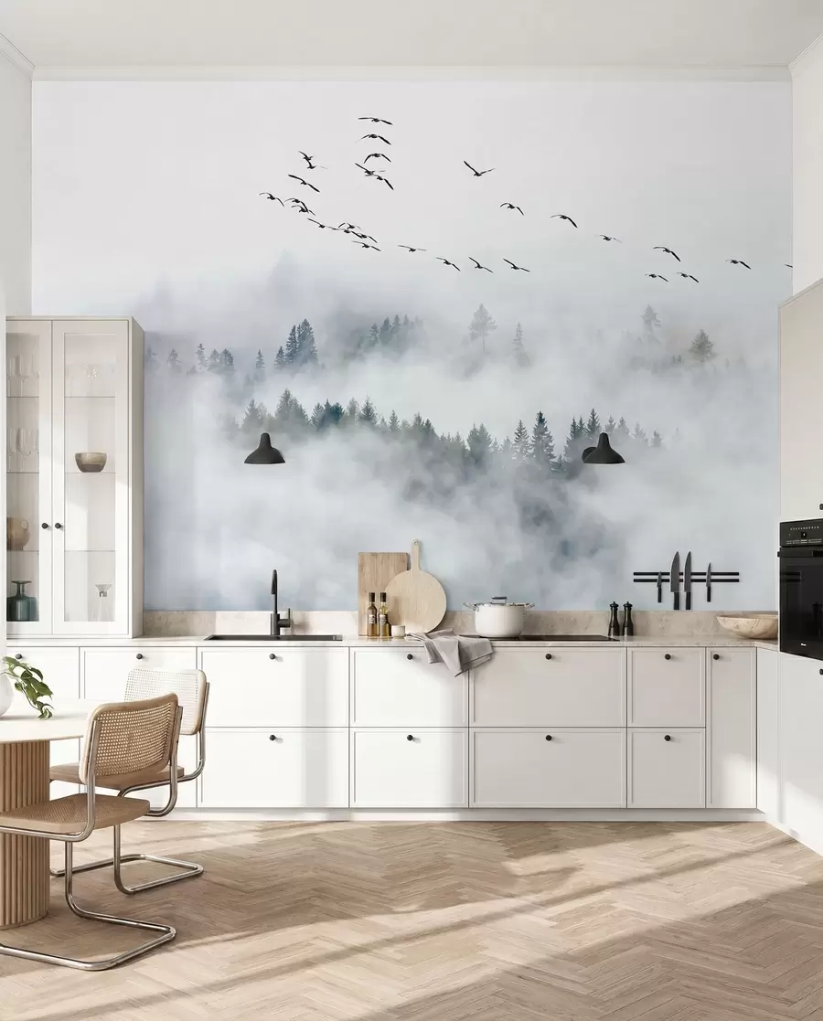 zidne murale Magla šuma i ptice u32480