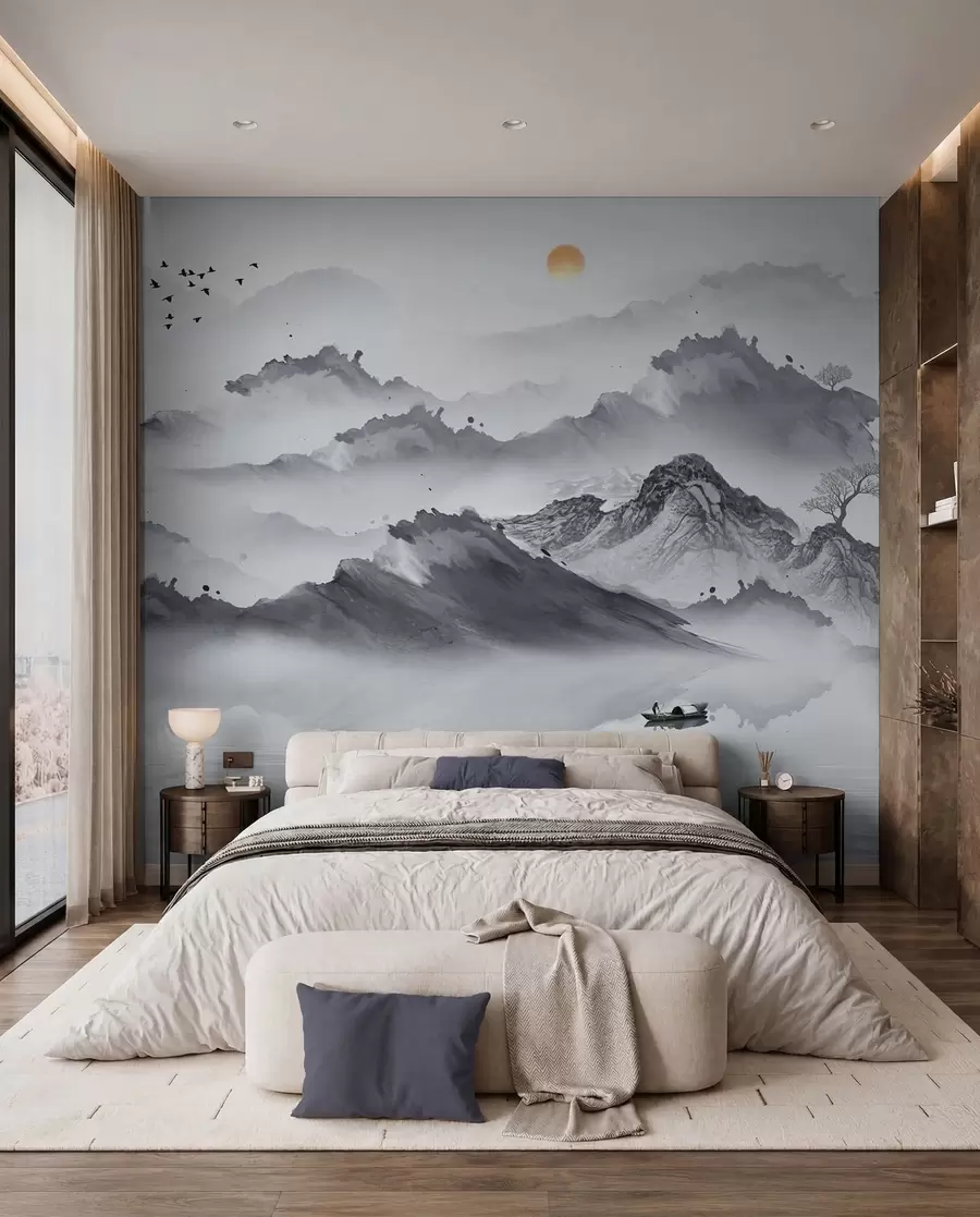zidne murale Planine u japanskom stilu. Crtanje tušem u44010