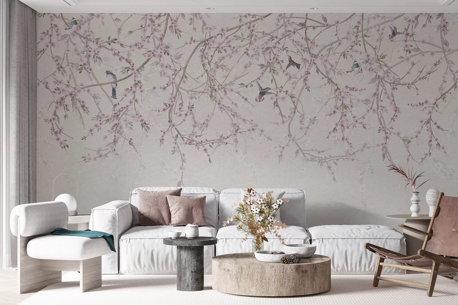 zidne murale Cvjetne grane i ptice u mliječnim bojama u58941v2
