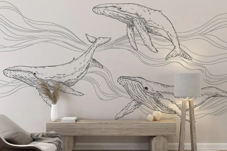 zidne murale Kitovi u oceanu, morske životinje, crteži, minimalizam, crno-bijele boje u99733v4