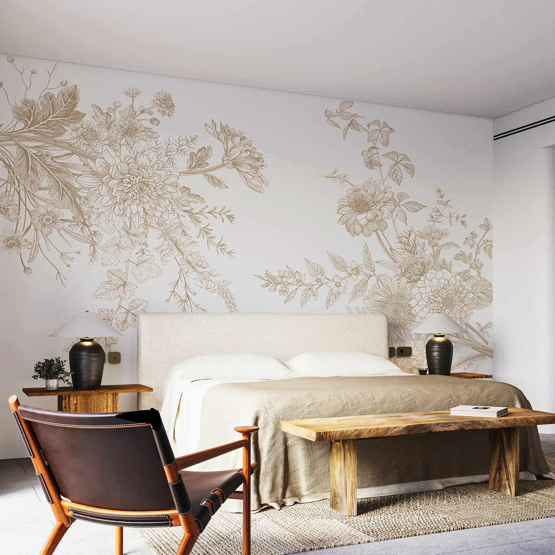 zidne murale Cvjetni ornament, minimalizam, crteži, boho stil, rustikalni, božur, tratinčica, bež boje, livada w00381v4