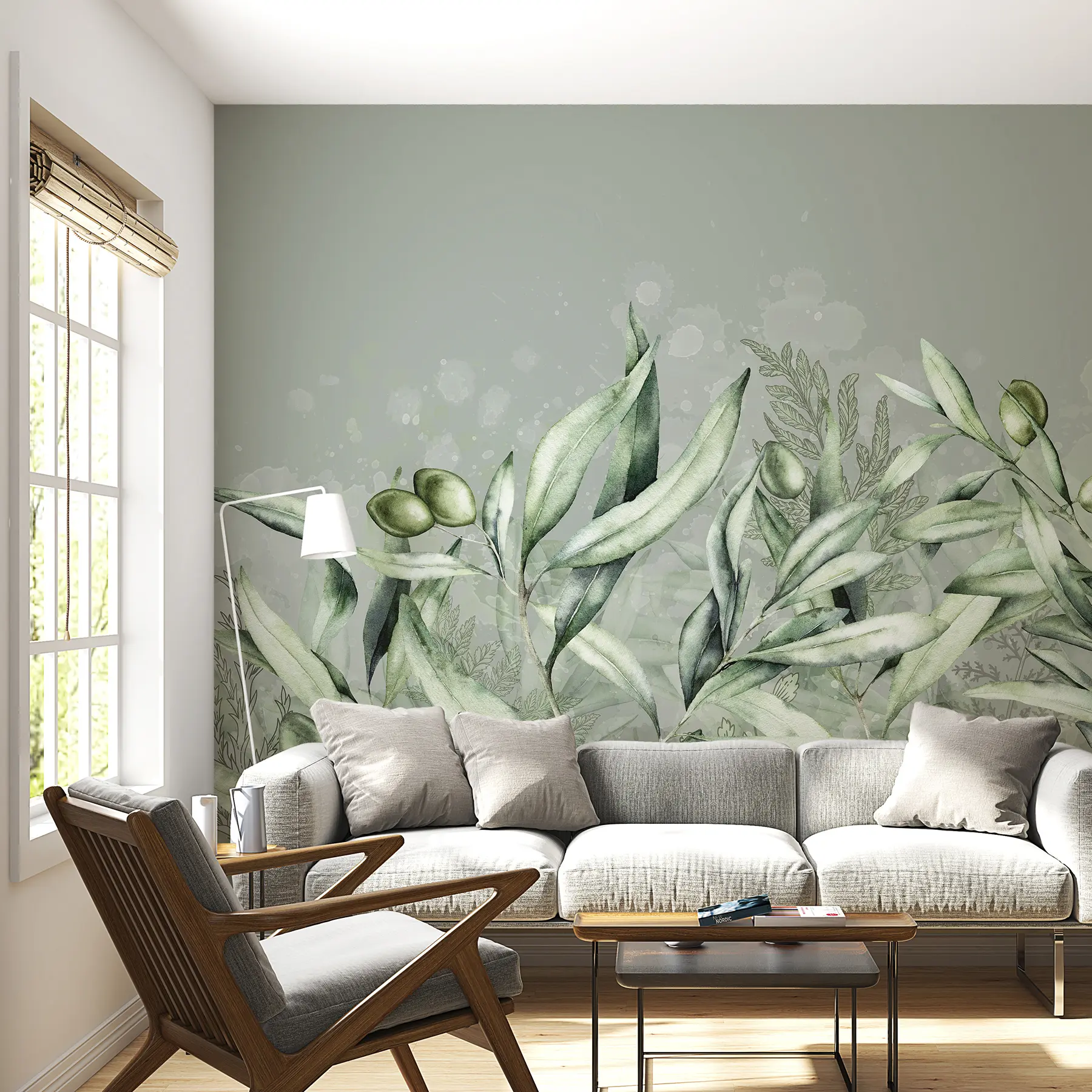 zidne murale Ilustracija maslina, cvjetni dizajn, tropsko, akvarel, veliko lišće, zelene boje w00407