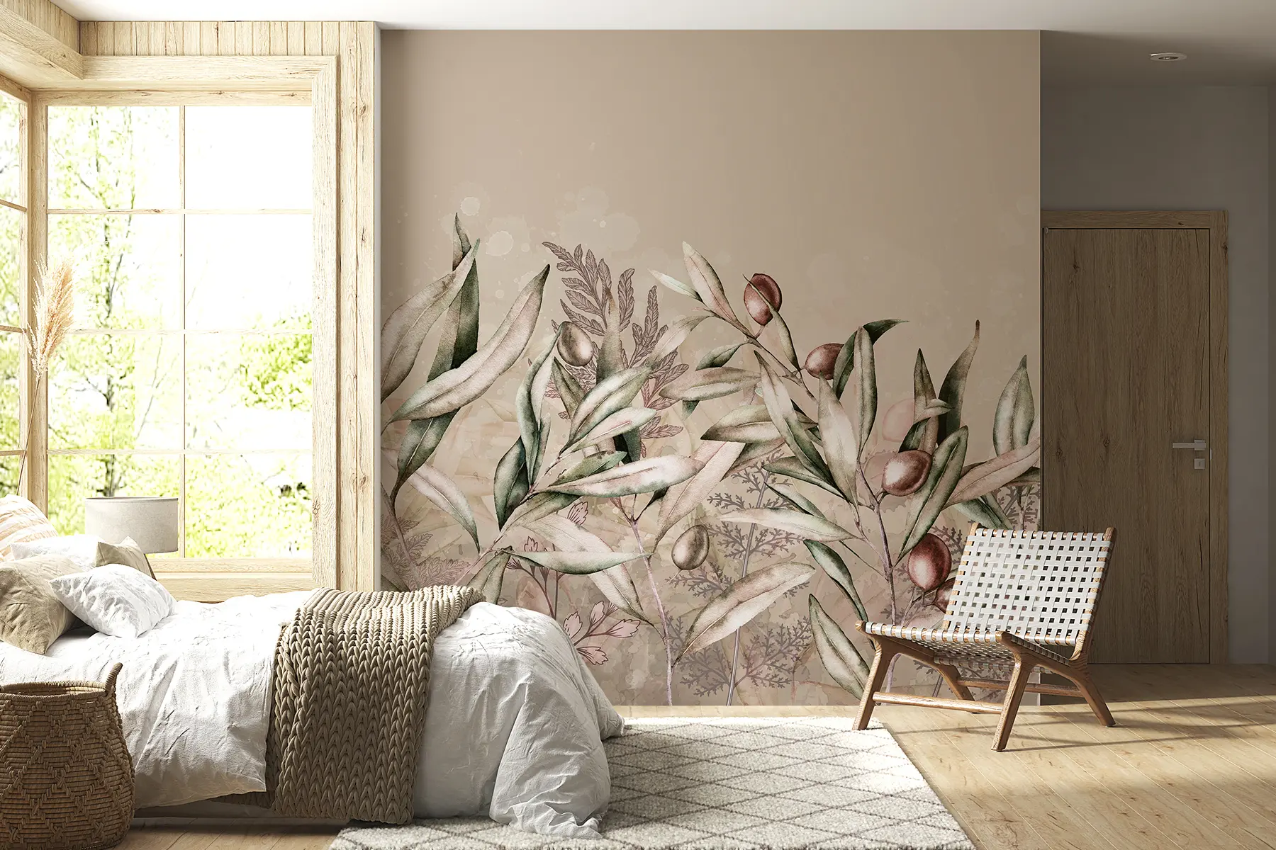 zidne murale Ilustracija maslina, cvjetni dizajn, tropsko, akvarel, veliko lišće, bež boje w00407v1