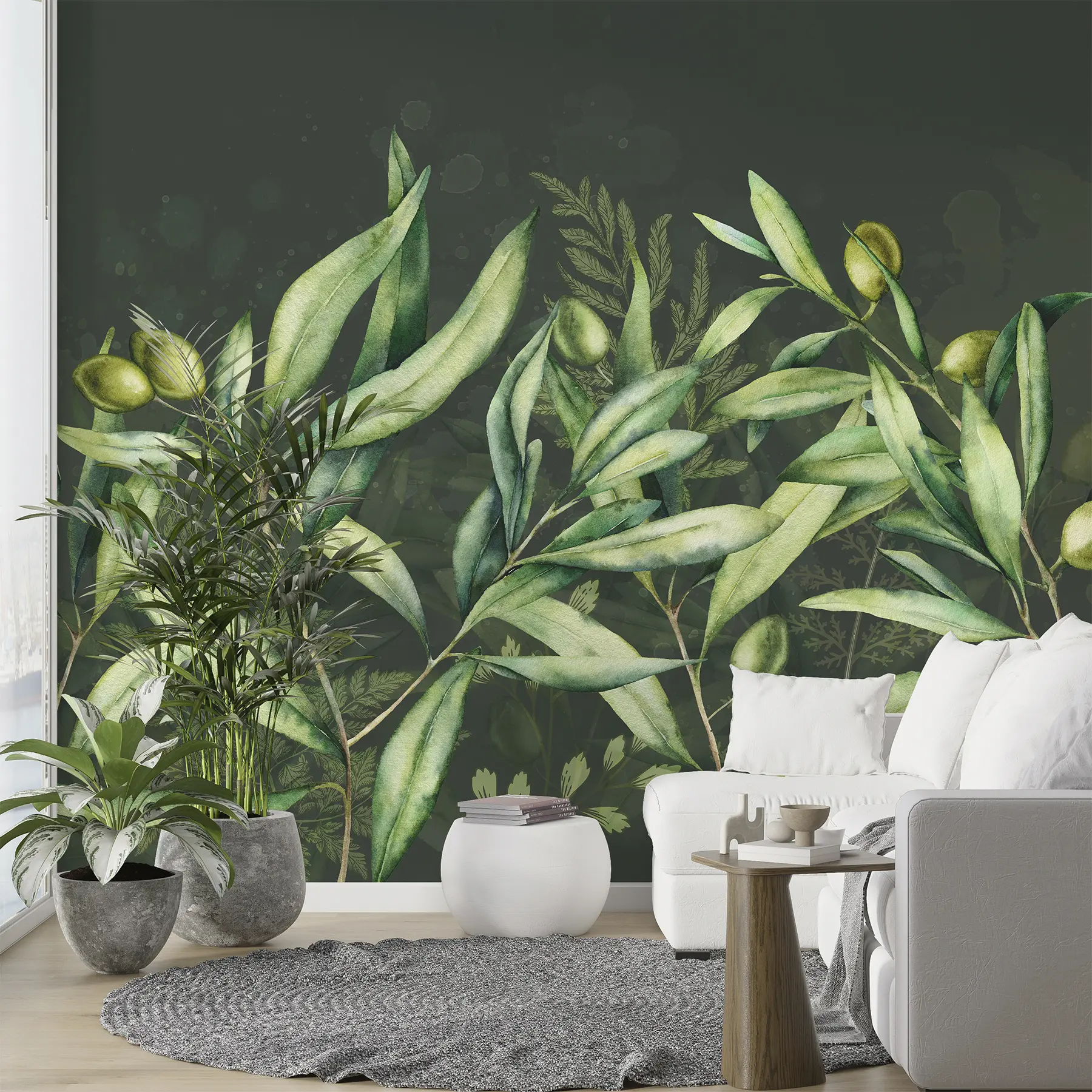 zidne murale Ilustracija maslina, cvjetni dizajn, tropsko, akvarel, veliko lišće, tamna pozadina  w00407v4