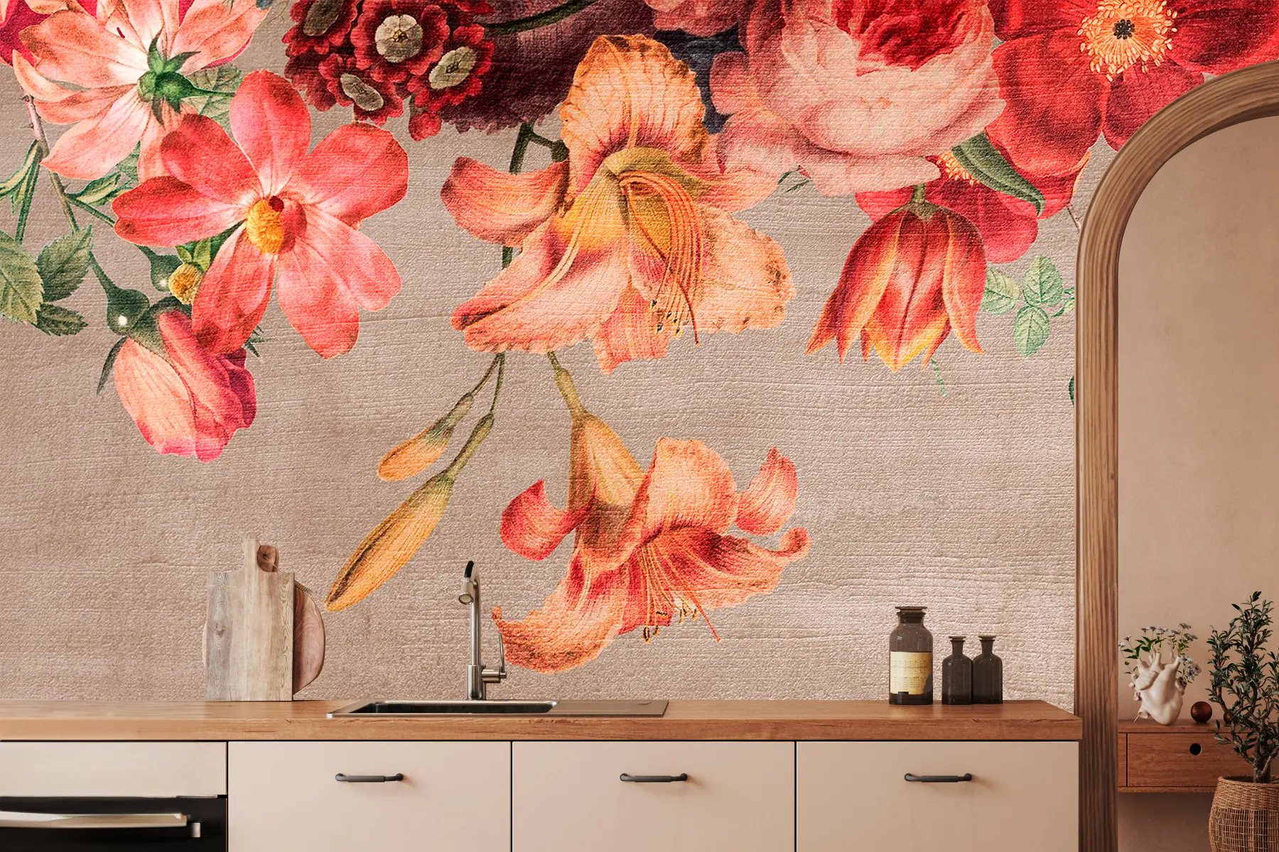 zidne murale Botanička ilustracija buket cvijeća mrtve prirode na smeđoj pozadini  w00427