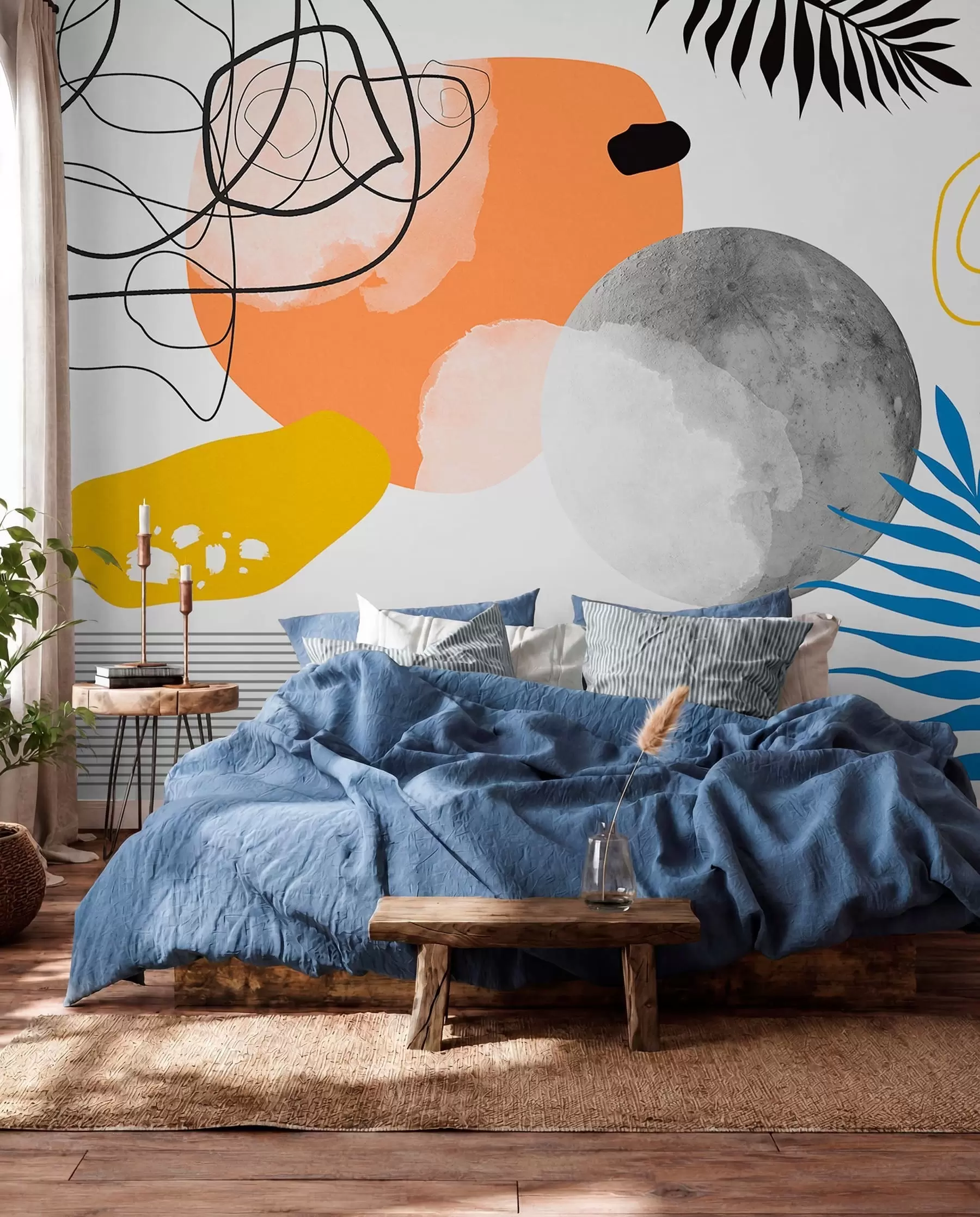 zidne murale Apstraktno moderno, minimalizam, boho, geometrija, akvarelne mrlje, pun mjesec, silueta palminog lišća, topografija, zamršenost, narančasta, žuta, siva w00508