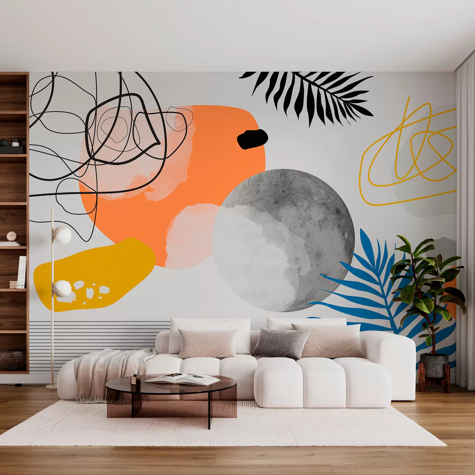 zidne murale Apstraktno moderno, minimalizam, boho, geometrija, akvarelne mrlje, pun mjesec, silueta palminog lišća, topografija, zamršenost, narančasta, žuta, siva w00508