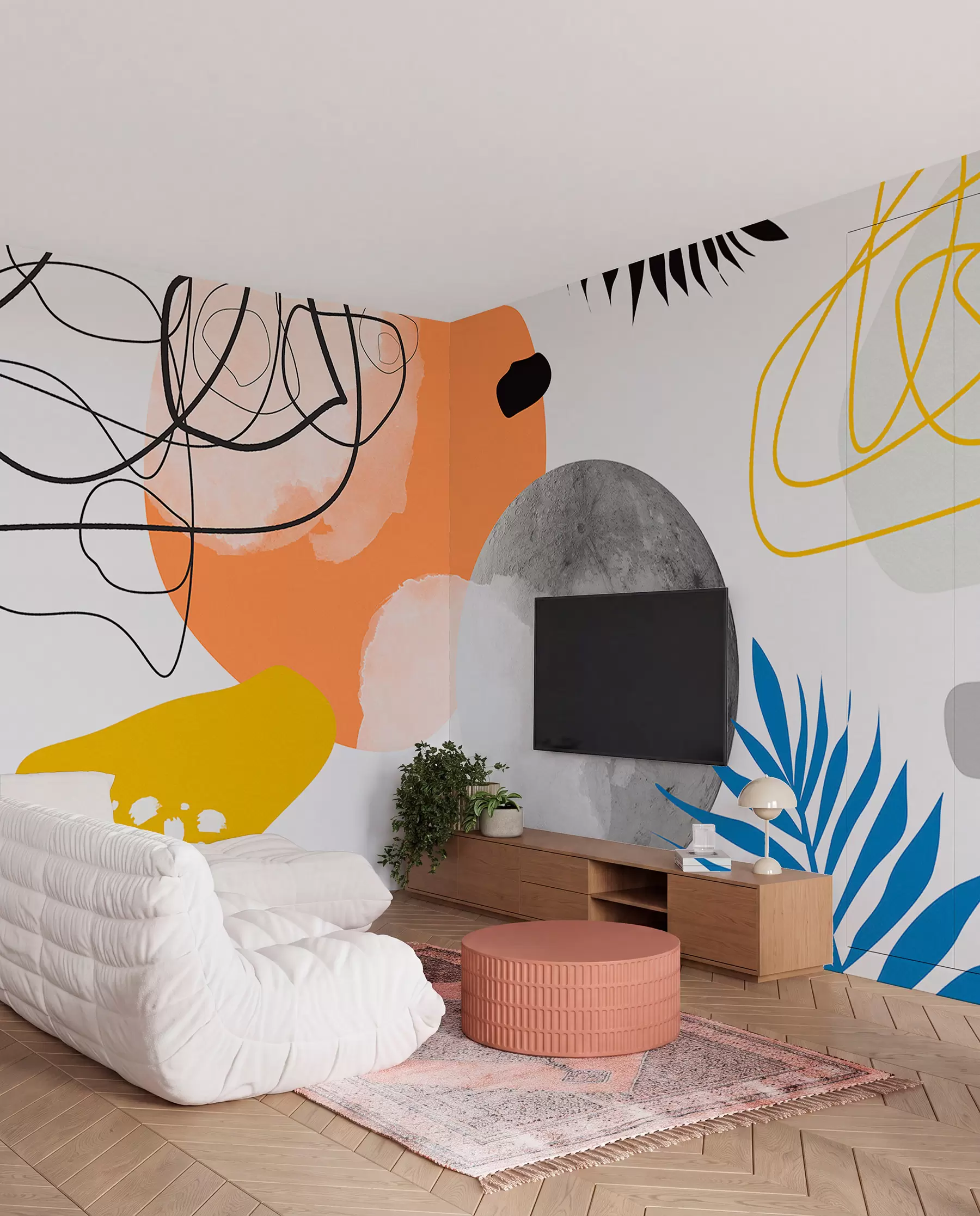zidne murale Apstraktno moderno, minimalizam, boho, geometrija, akvarelne mrlje, pun mjesec, silueta palminog lišća, topografija, zamršenost, narančasta, žuta, siva w00508