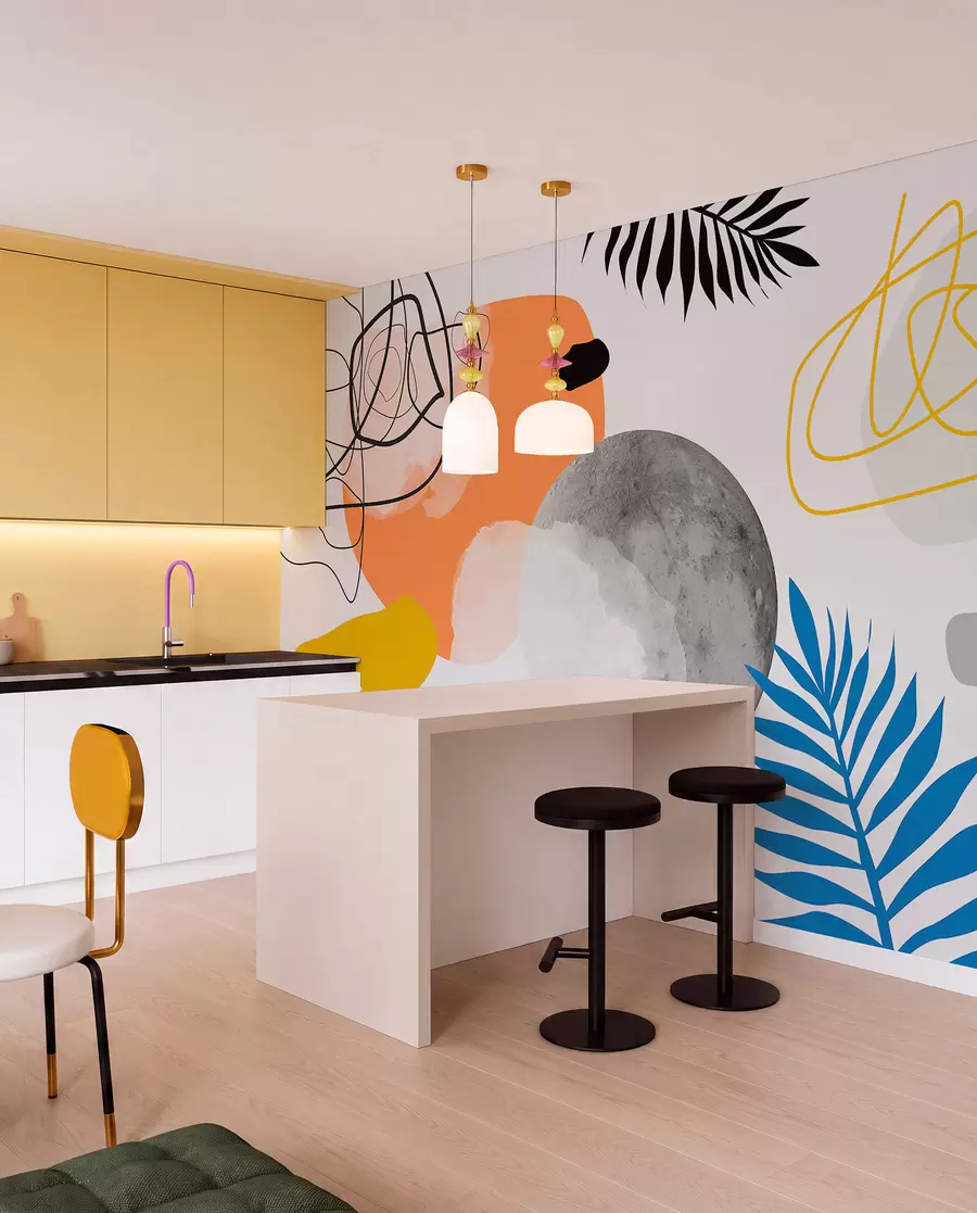 zidne murale Apstraktno moderno, minimalizam, boho, geometrija, akvarelne mrlje, pun mjesec, silueta palminog lišća, topografija, zamršenost, narančasta, žuta, siva w00508