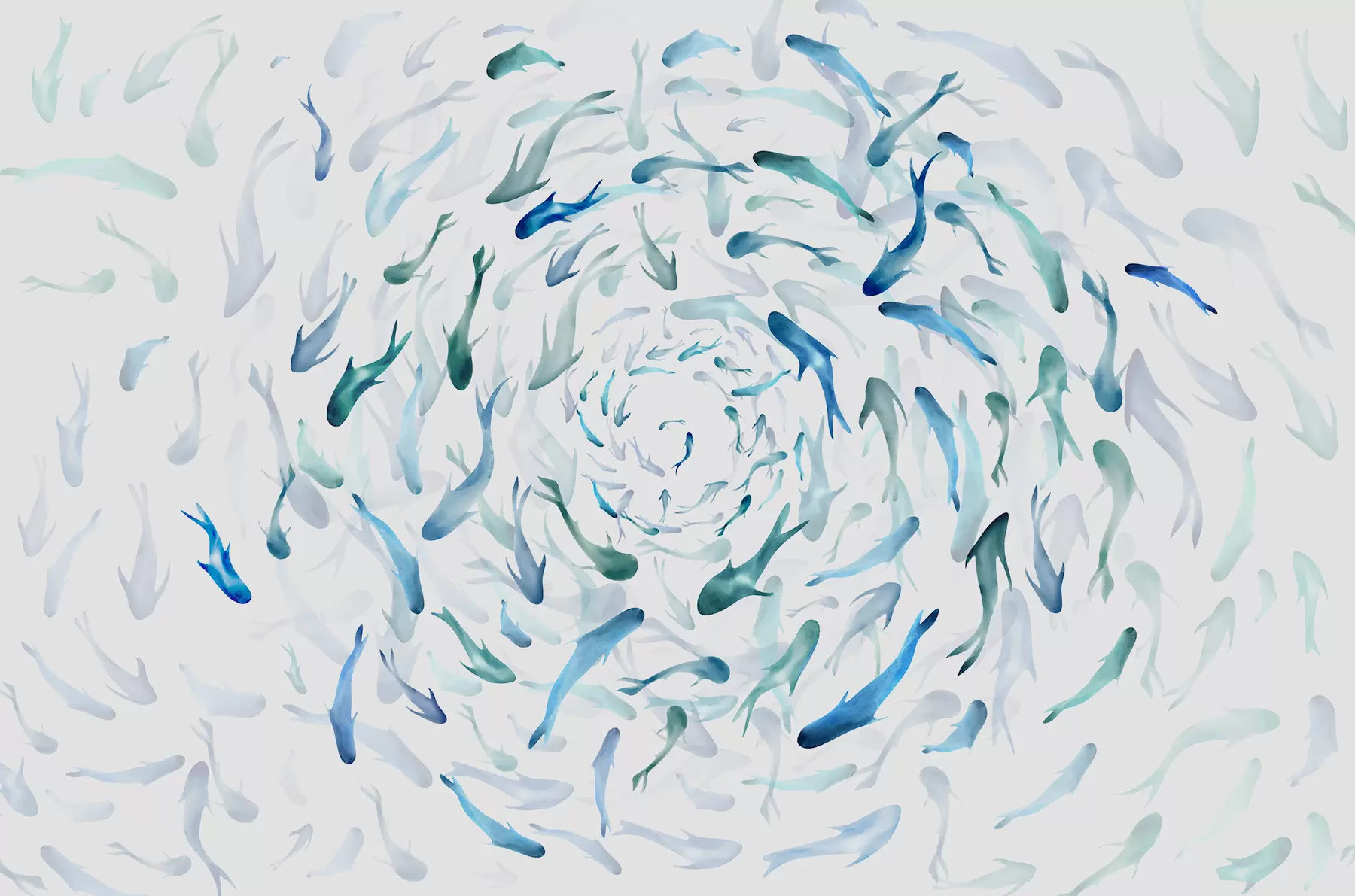 zidne murale Riba se vrti u vrtlogu, riblji ples, akvarel, morski pas, apstraktna kompozicija, minimalizam, plava, zelena boja w00510
