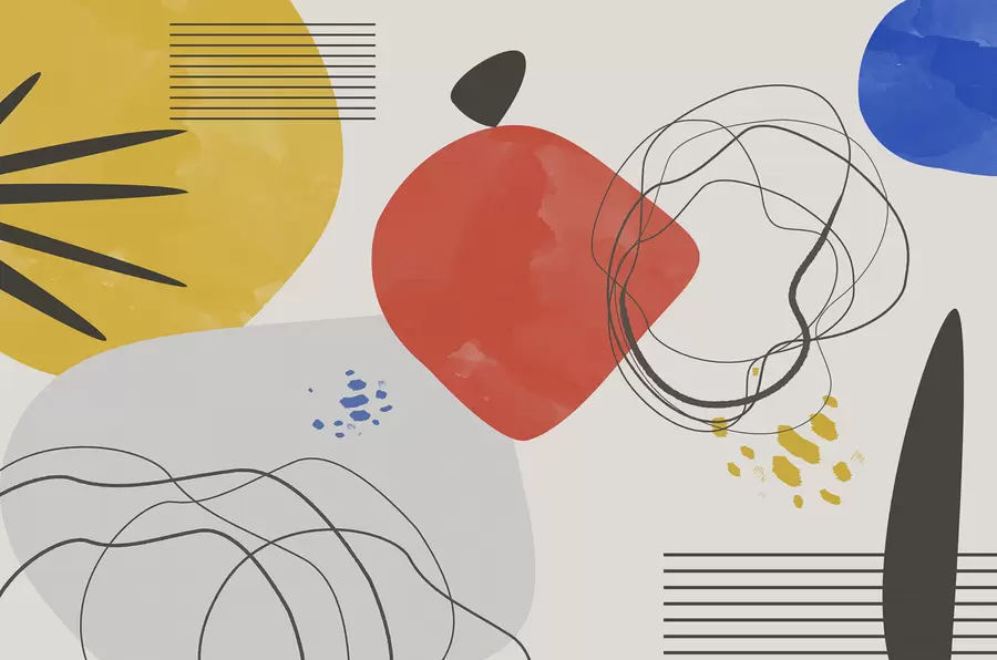 zidne murale Moderna apstrakcija, svijetla točka, boho, geometrija, topografija, krivulje, linije, crvena, žuta, plava, crna w00514