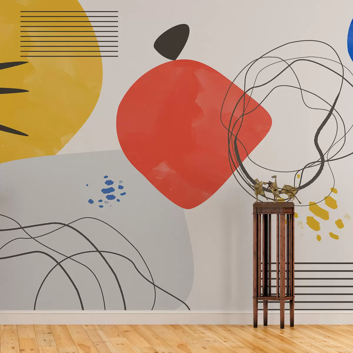 zidne murale Moderna apstrakcija, svijetla točka, boho, geometrija, topografija, krivulje, linije, crvena, žuta, plava, crna w00514