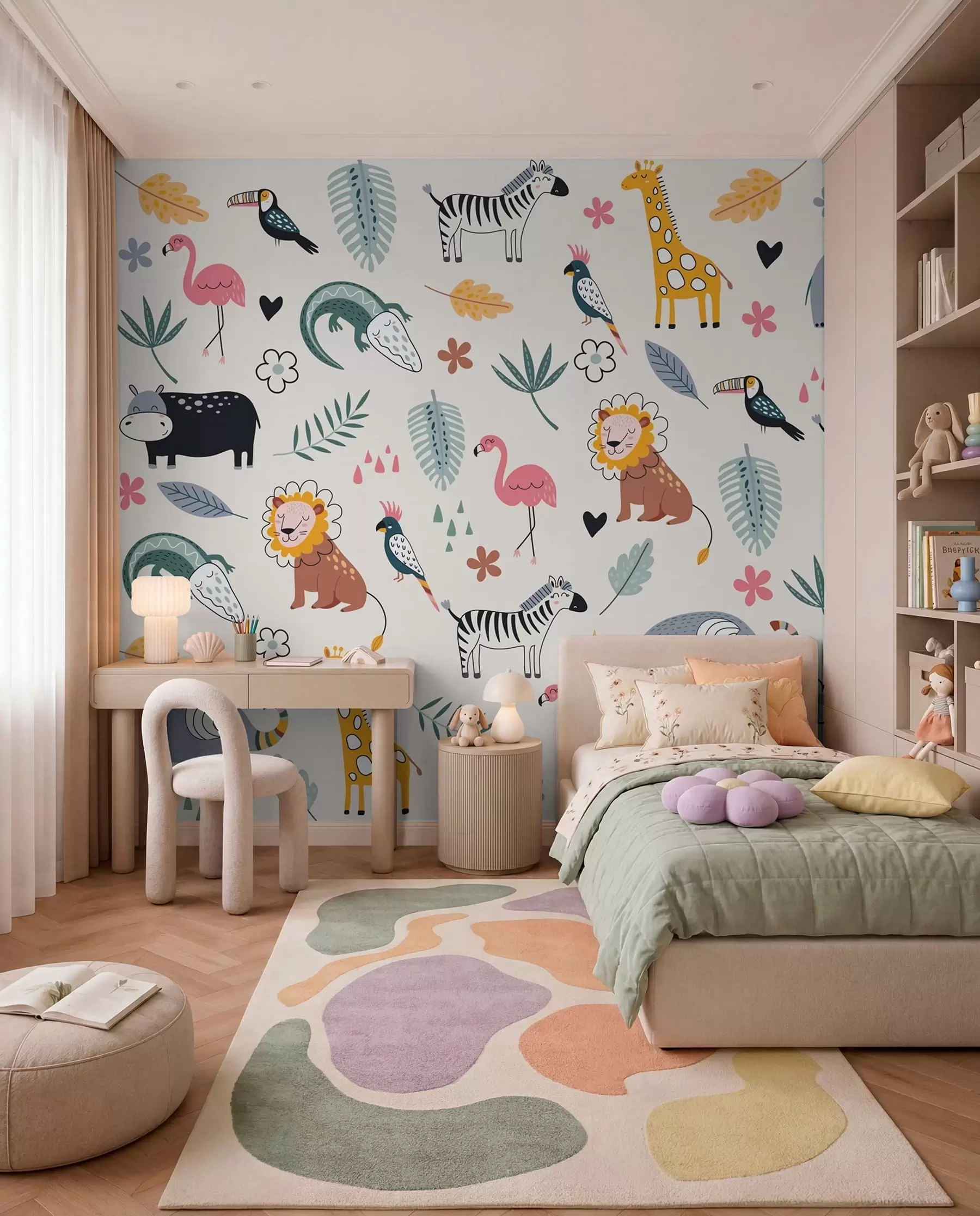 zidne murale životinje, lavovi, žirafe, slonovi, lišće, soba za bebe w00555
