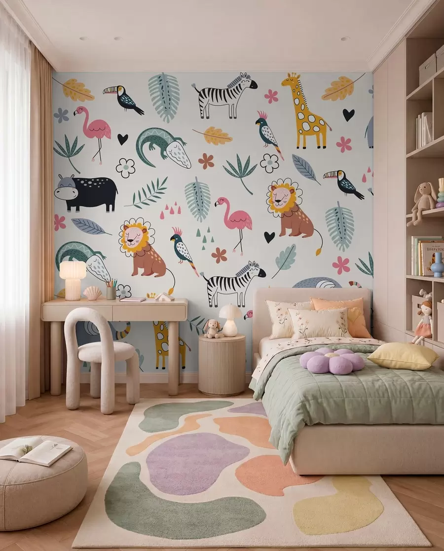 zidne murale životinje, lavovi, žirafe, slonovi, lišće, soba za bebe w00555