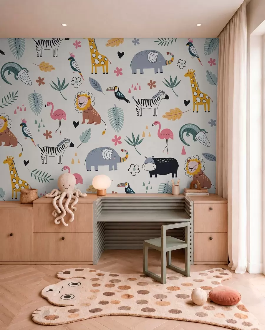zidne murale životinje, lavovi, žirafe, slonovi, lišće, soba za bebe w00555