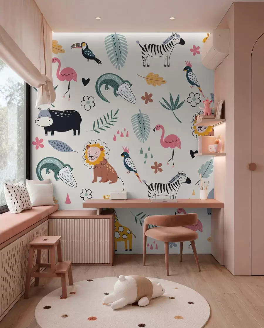 zidne murale životinje, lavovi, žirafe, slonovi, lišće, soba za bebe w00555