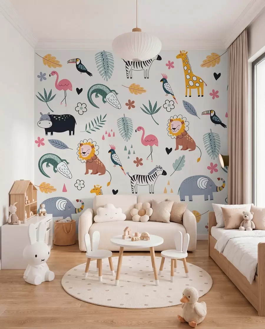 zidne murale životinje, lavovi, žirafe, slonovi, lišće, soba za bebe w00555