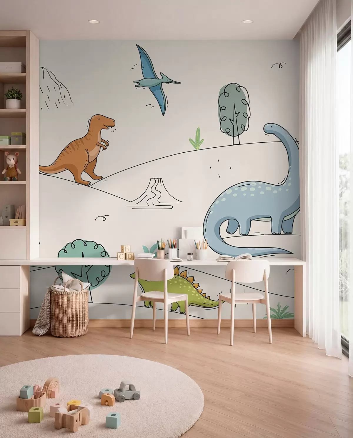 zidne murale Šareni dinosauri na brdima w00637