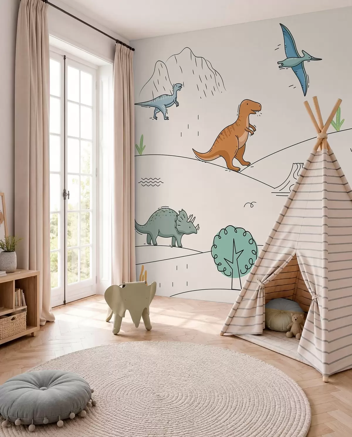zidne murale Šareni dinosauri na brdima w00637