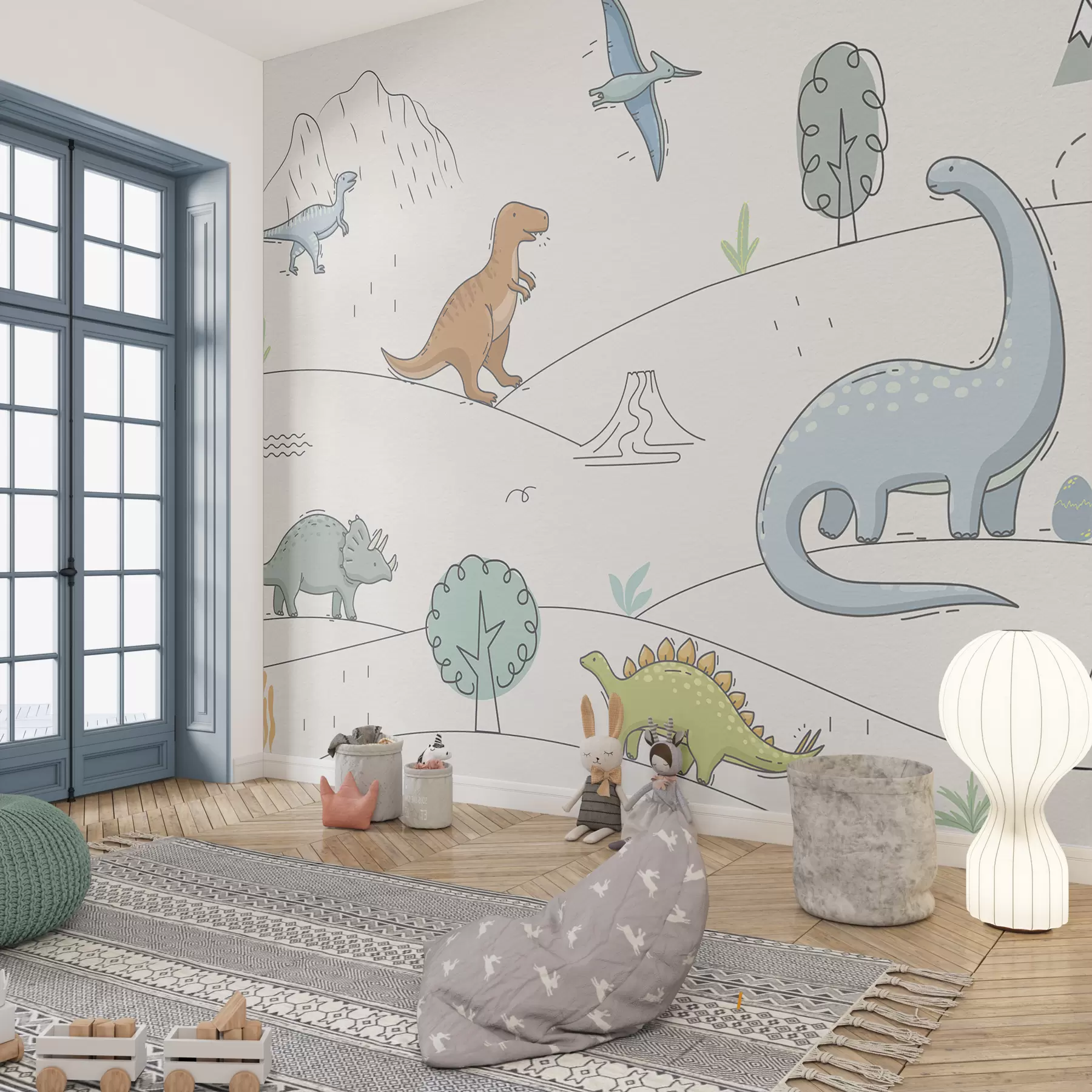 zidne murale Šareni dinosauri na brdima w00637