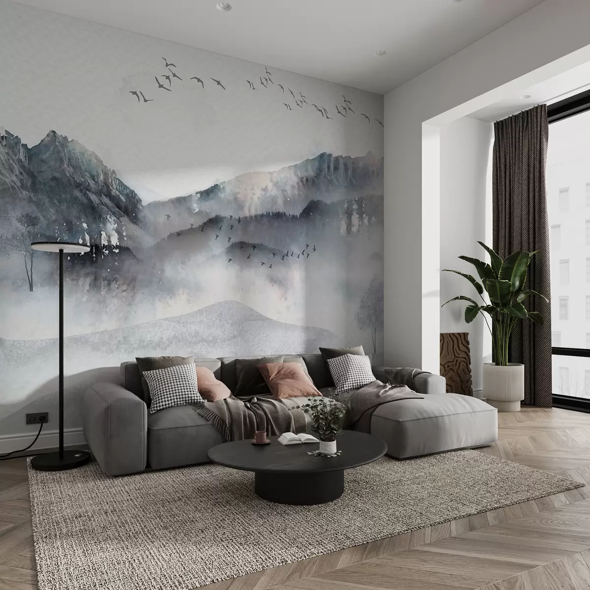 zidne murale Krajolik s planinama u pozadini, s nekoliko stabala vidljivih u prvom planu, miran  w00707