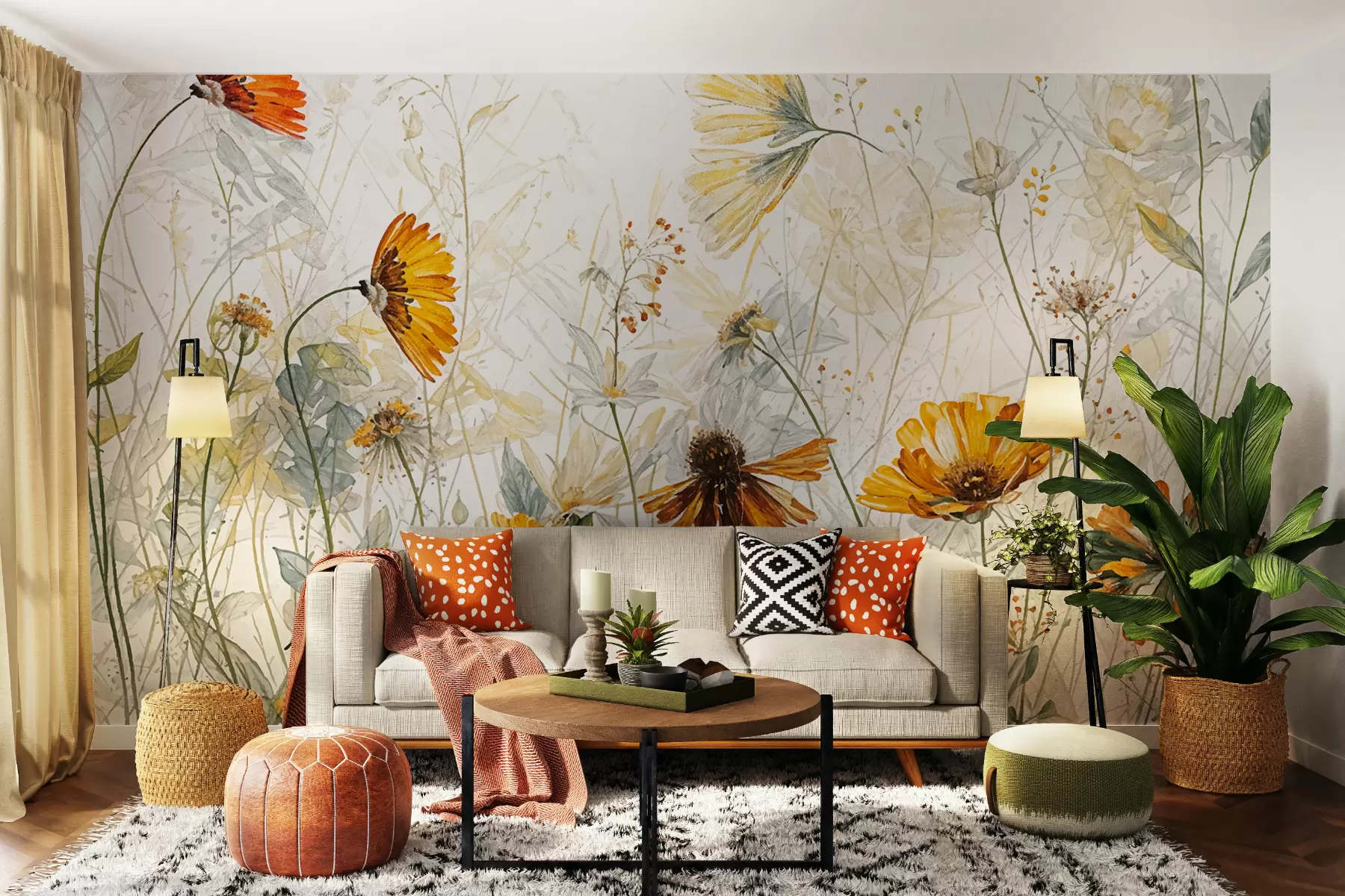 zidne murale Polje jarkog cvijeća na mekoj, maglovitoj pozadini s nježnim bijelim cvjetovima i pramenom travom w00708