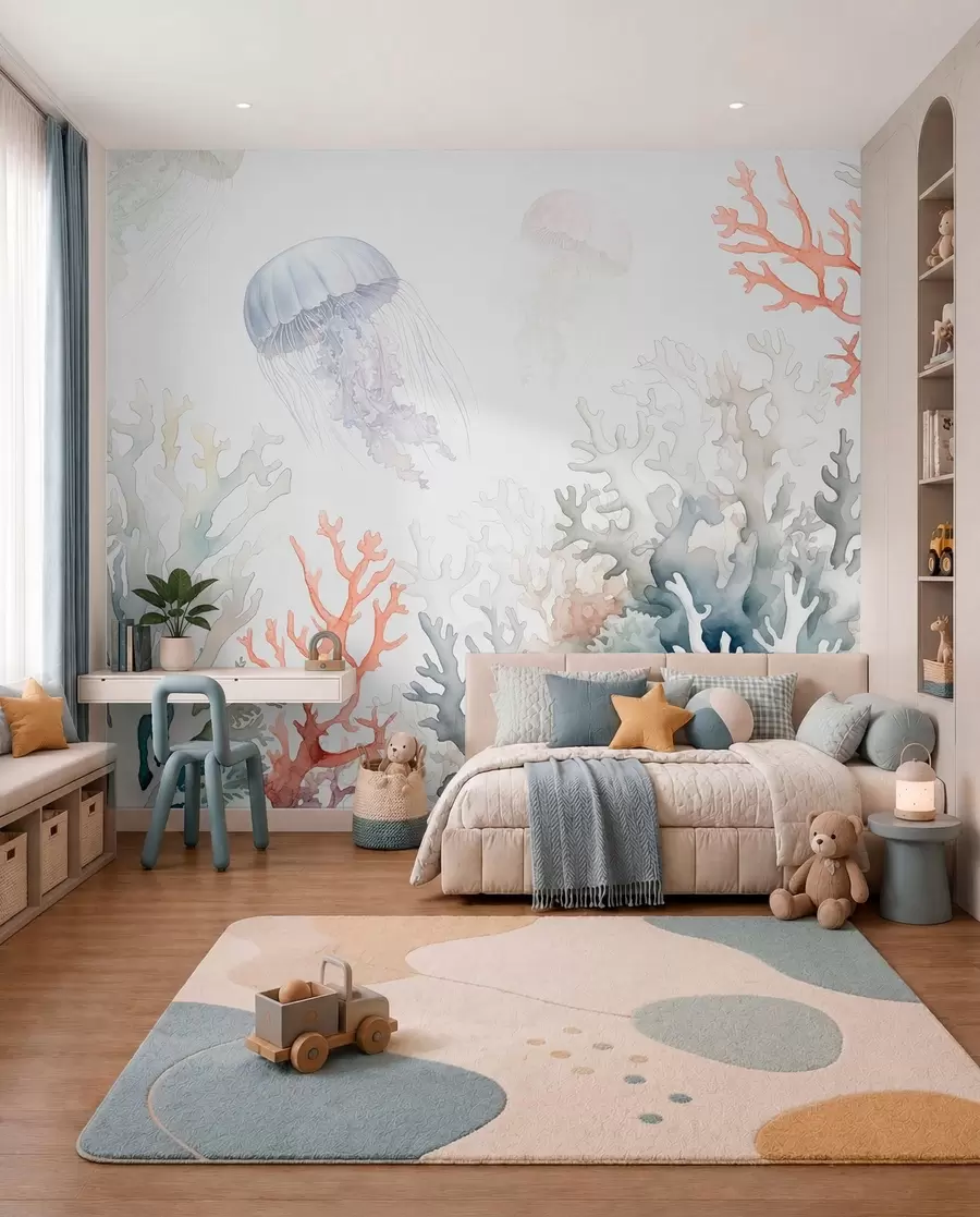 zidne murale Morski koralji, meduza pliva, akvarel, siva, plava, crvena w00819