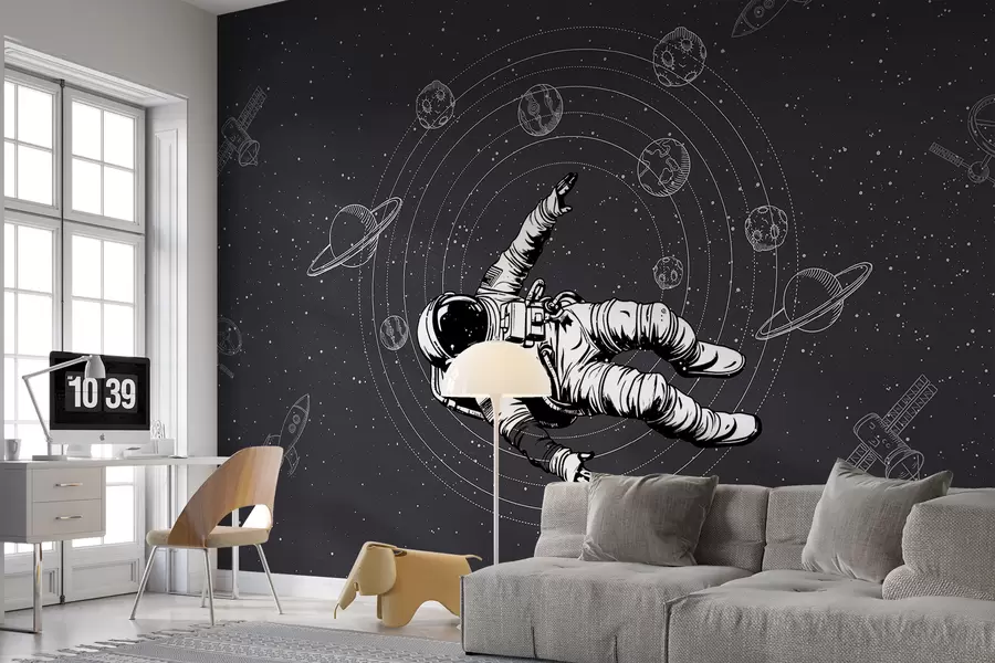 zidne murale Astronaut i planeti na tamno sivoj pozadini w00712v5