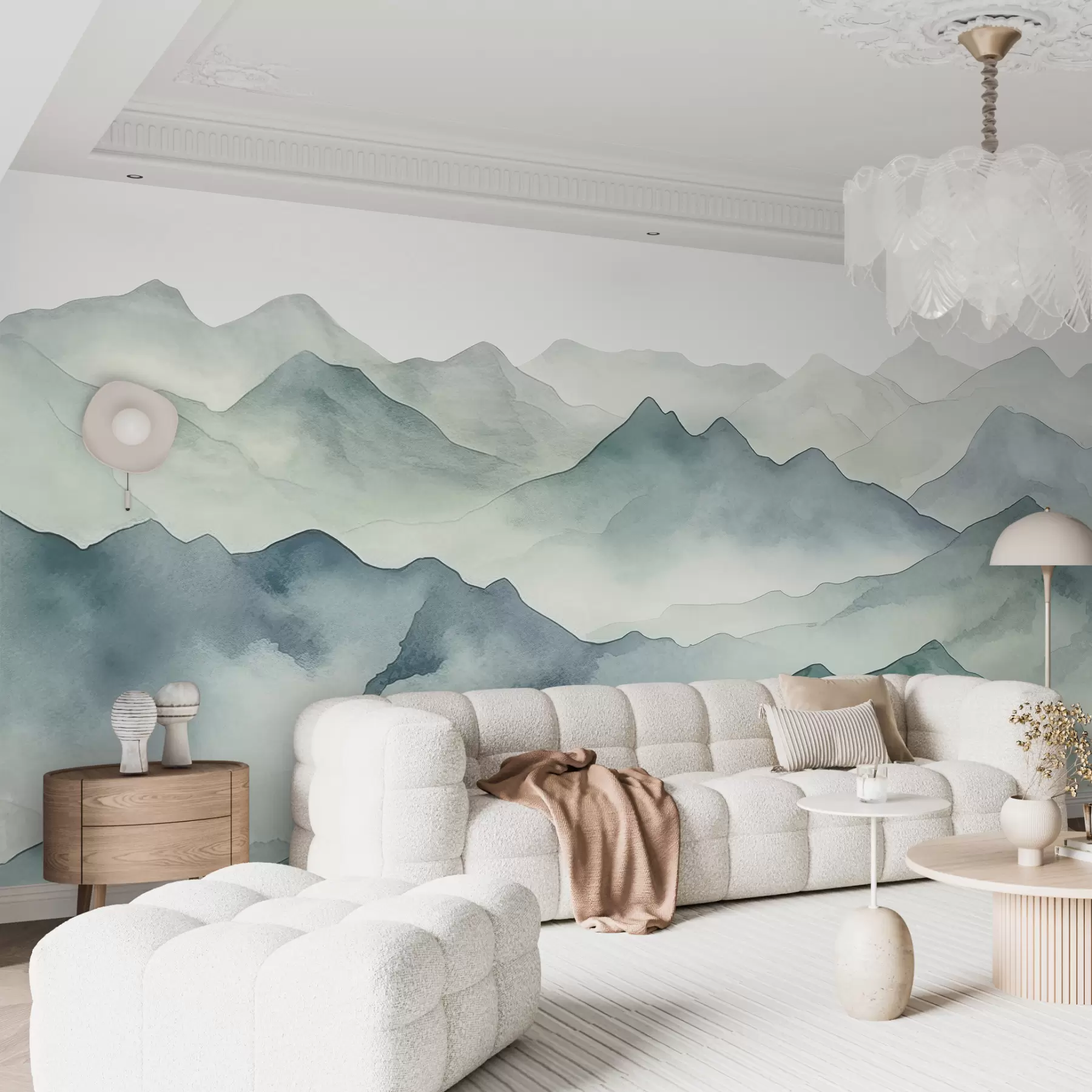 zidne murale Planinski vrhovi i prijevoji, akvarel, pejzaž, pejzaž, plava, siva boja w00841