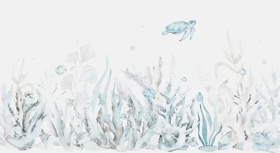 zidne murale Akvarel morski koralji, školjke, kornjača, morski život, nježno plave boje w00849