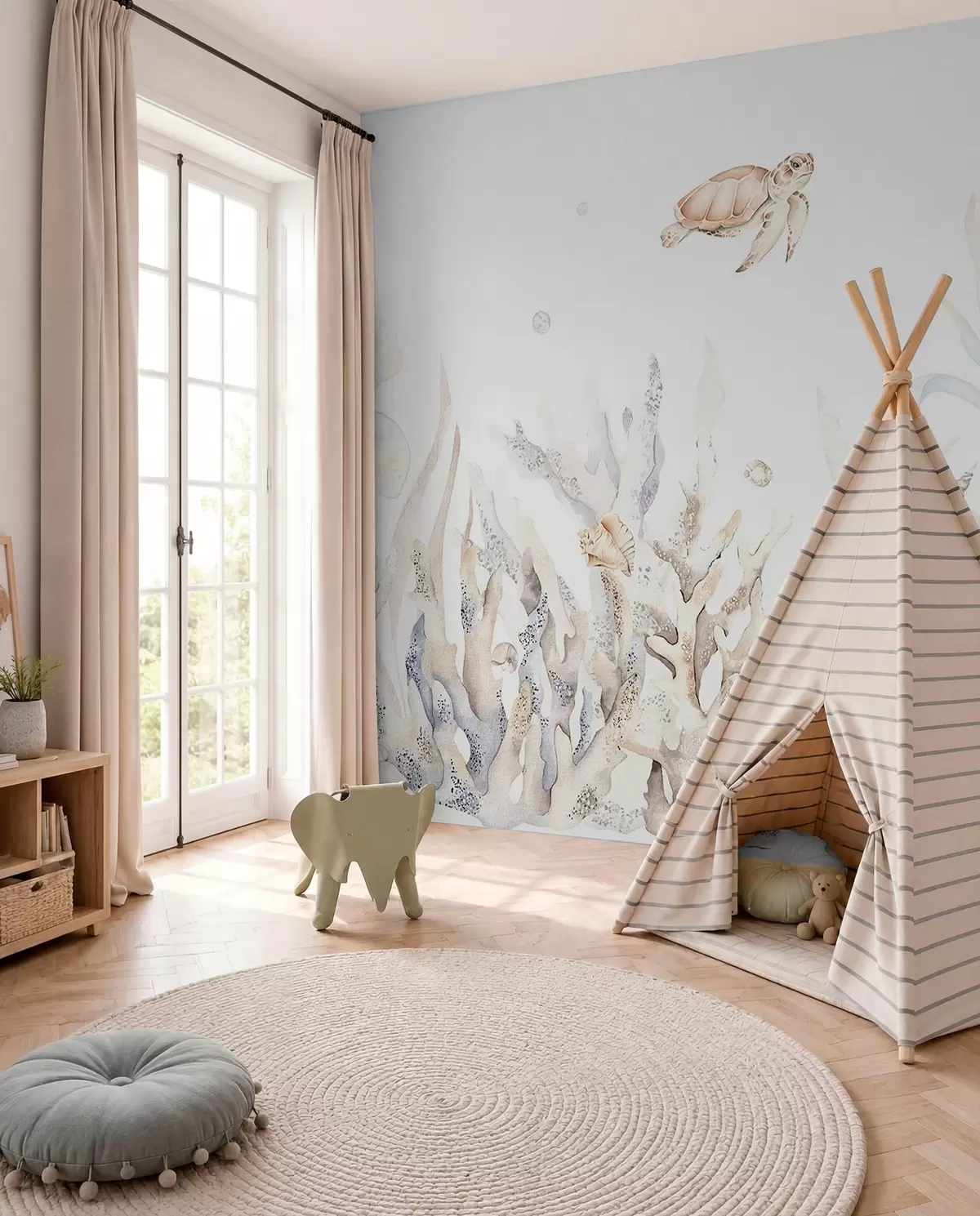 zidne murale Vodeni morski koralji, školjke, kornjača, morski život, nježne bež boje w00849v1