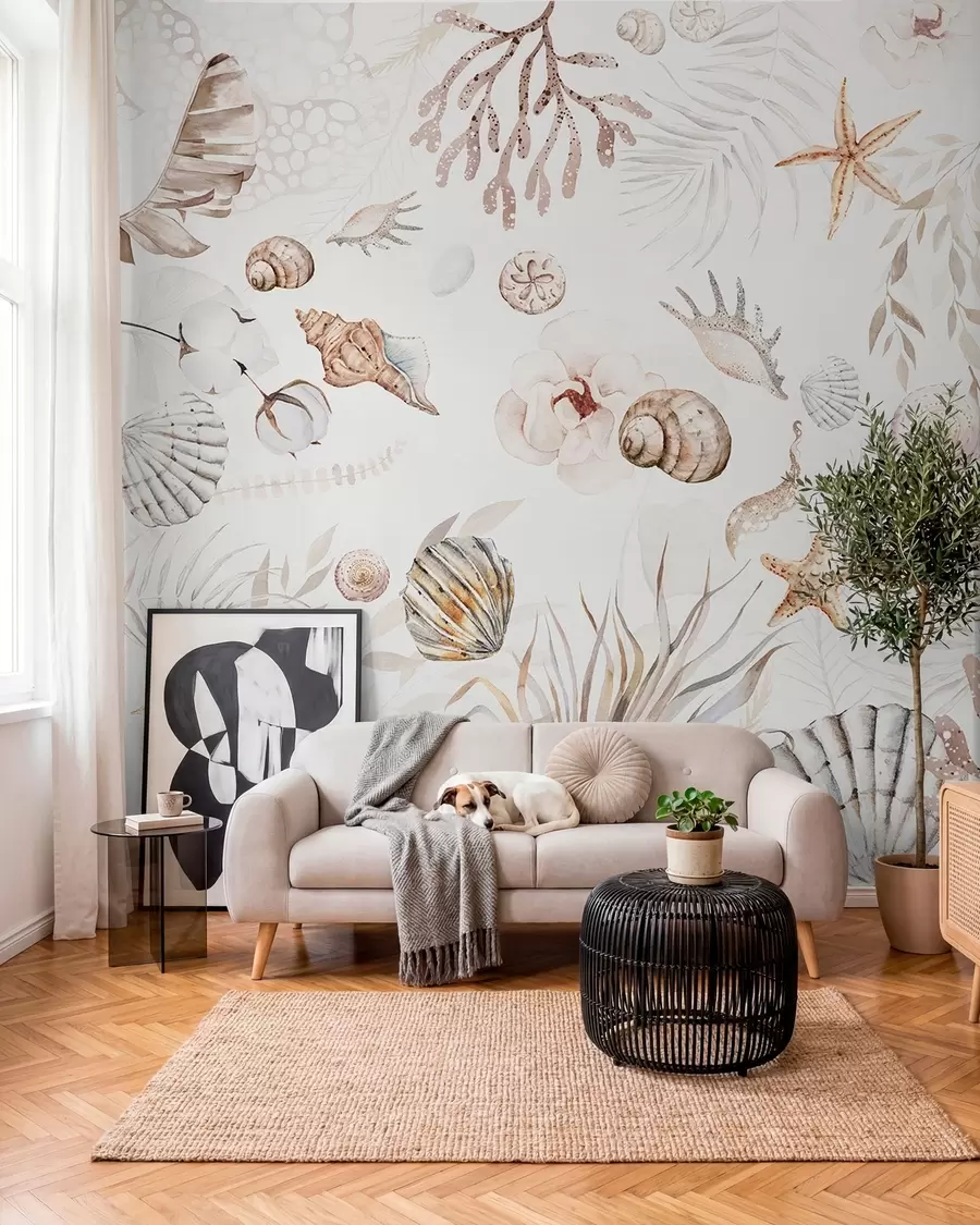 zidne murale Vodeni morski uzorak, boho stil, školjke, koralji, pamuk, bež boje w00851