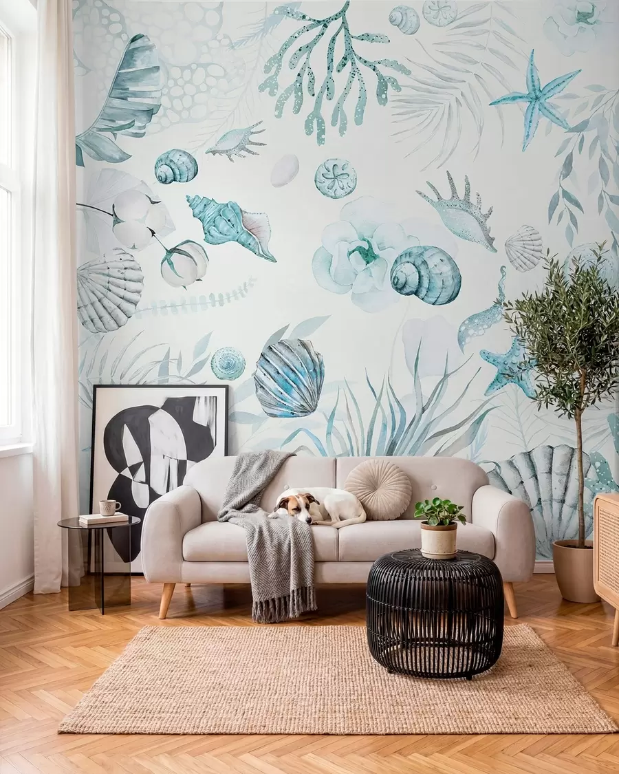 zidne murale Vodeni morski uzorak, boho stil, školjke, koralji, pamuk, plave boje w00851v1