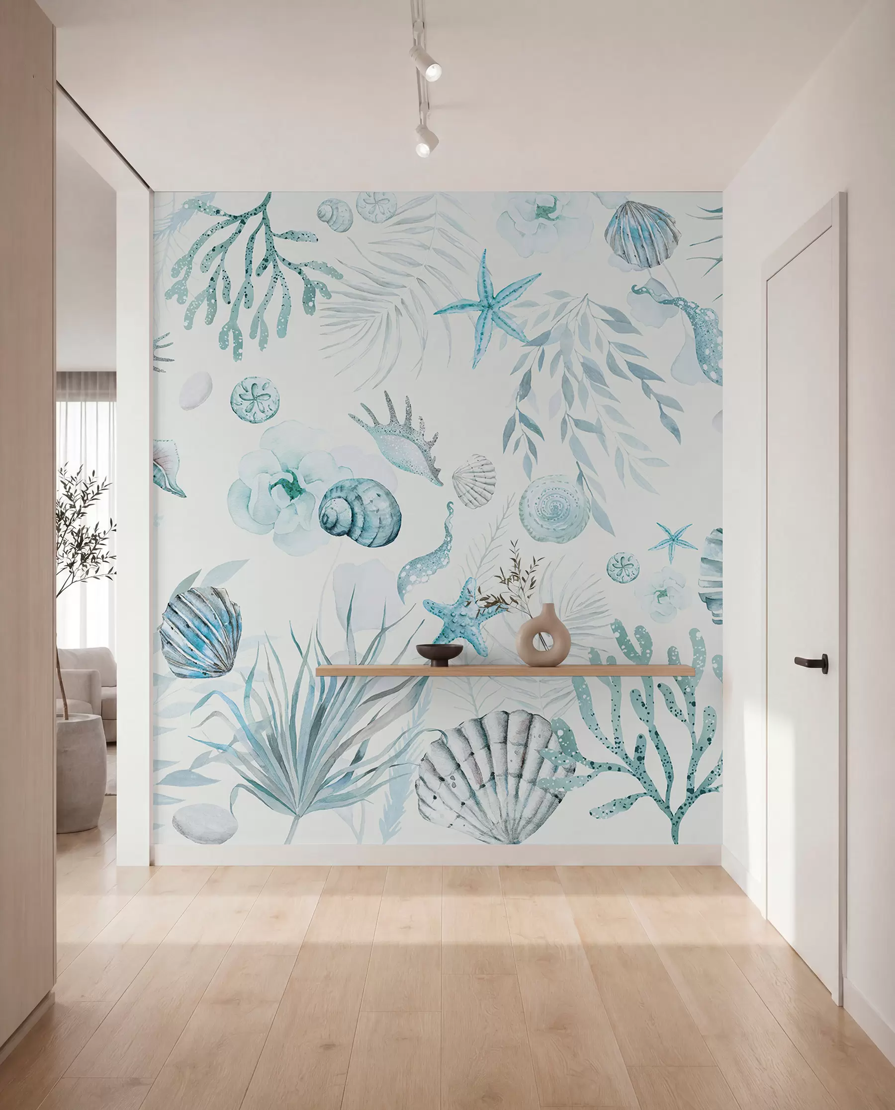 zidne murale Vodeni morski uzorak, boho stil, školjke, koralji, pamuk, plave boje w00851v1
