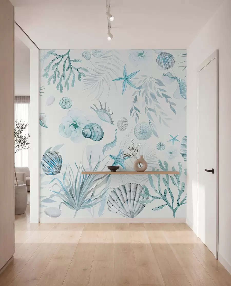 zidne murale Vodeni morski uzorak, boho stil, školjke, koralji, pamuk, plave boje w00851v1