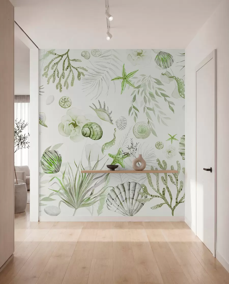 zidne murale Vodeni morski uzorak, boho stil, školjke, koralji, pamuk, zelene boje w00851v2