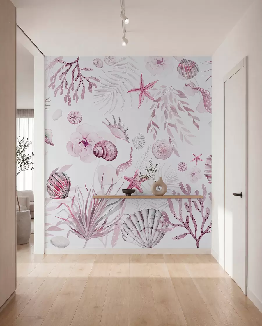 zidne murale Vodeni morski uzorak, boho stil, školjke, koralji, pamuk, ružičaste boje w00851v3