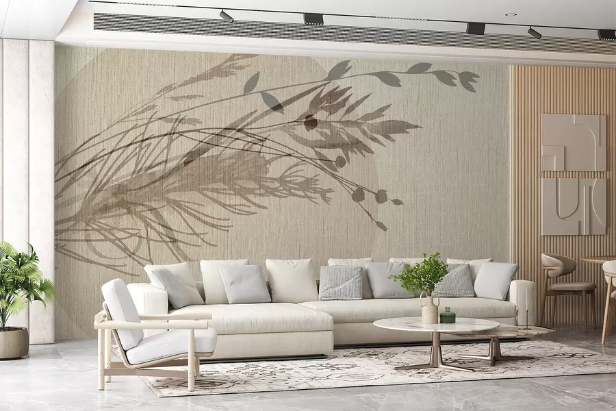 zidne murale Minimalistička ilustracija kružnog oblika s apstraktnim elementima nalik biljkama u prigušenim zemljanim tonovima w00902
