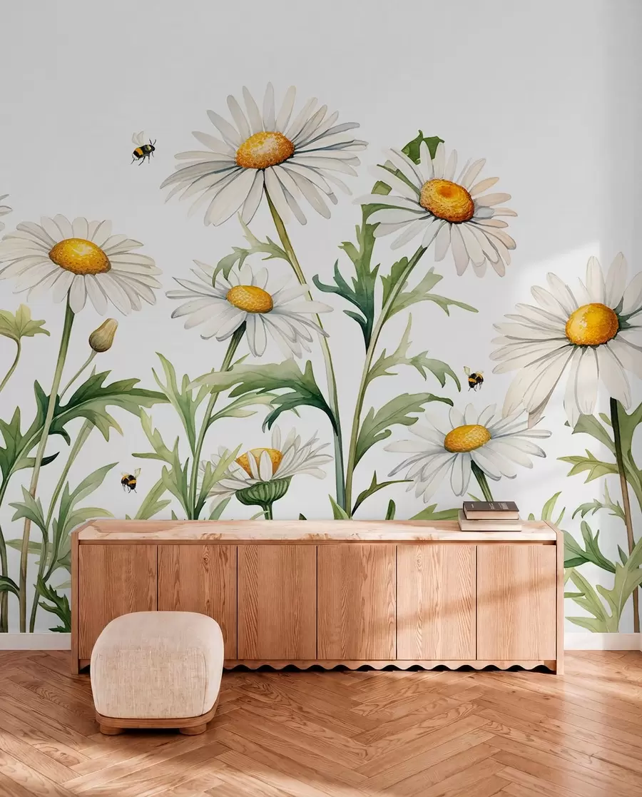 zidne murale Bijele tratinčice cvjetaju, pčele lete akvarelna ilustracija biljaka, zelena, bijela, žuta boja w01176