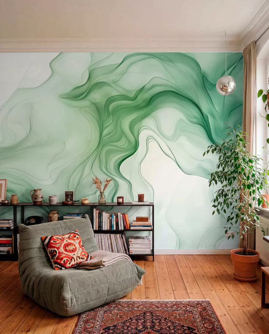 zidne murale Panoramski zeleni apstraktni valovi na svijetloj pozadini w01185d1